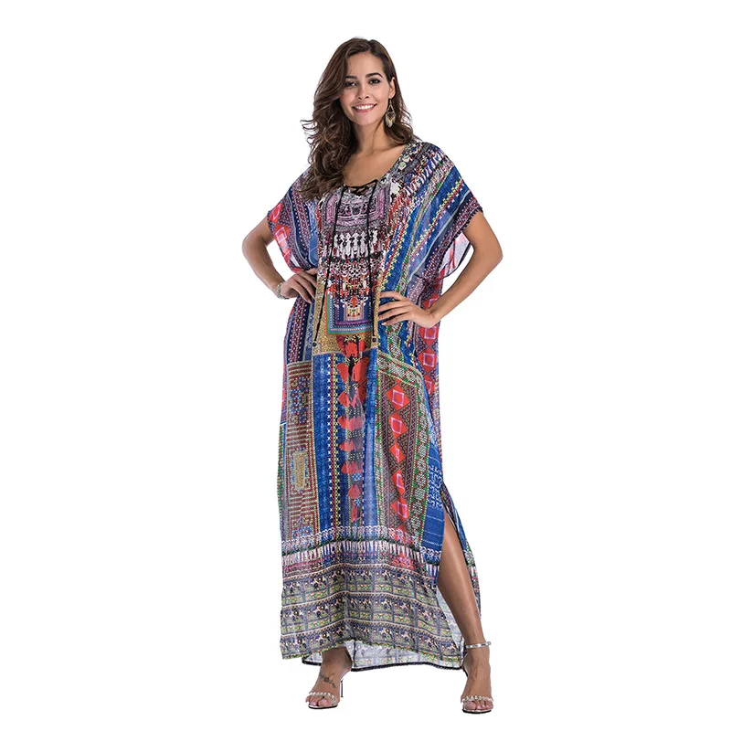 Vestidos Verano 2018 Summer Robe Femme Boho Open Loose Long Chiffon Batwing Sleeves V Neck Lepord Print Party Beach Dress W1010 | Женская