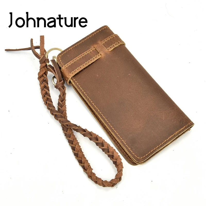 

Johnature 2021 New Vintage Solid Crazy Horse Leather Long Men Wallets And Purses Multi-card Position Hand Wallet Clutch Wallet