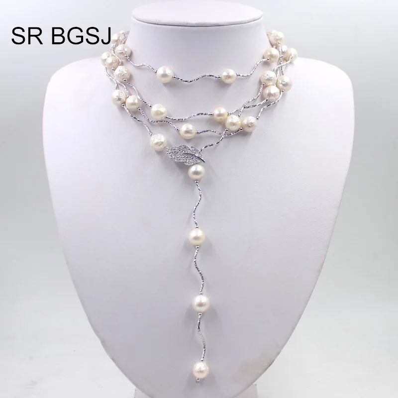 

Free Shipping White Edsion FW Pearl Beads Leaf Clasp Women Jewelry Statement Necklace 9-10mm 60"