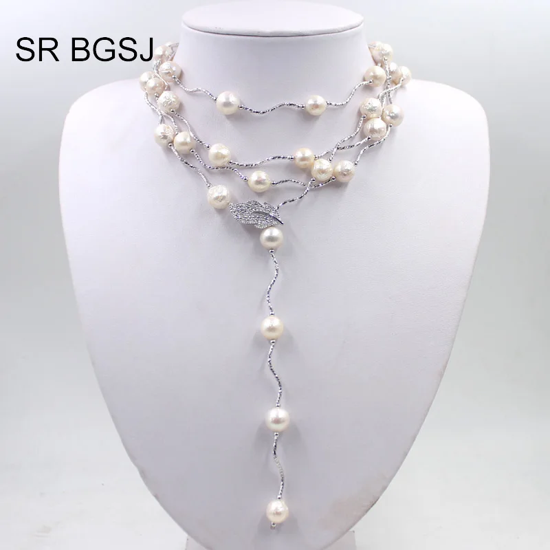 Free Shipping White Edsion FW Pearl Beads Leaf Clasp Women Jewelry Statement Necklace 9 10mm 60&quot| |