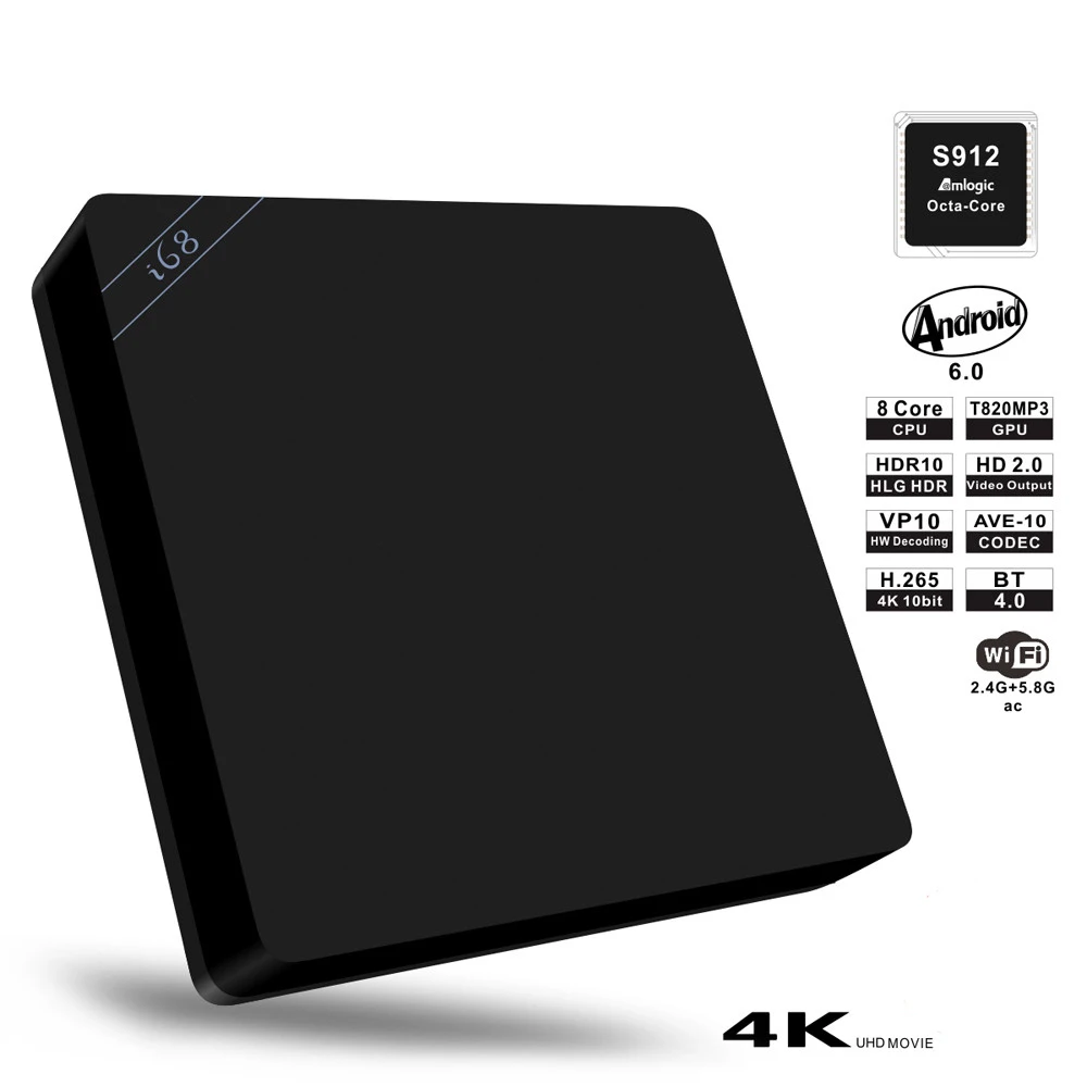 I68 i68 ii Android 6.0 ТВ Box Amlogic S912 Octa core 2 г/16 г 802.11a/b/g /N BT 4.0 4 К * H.265 Двойной Wi Fi 2.4 г/5.8 Г Умные