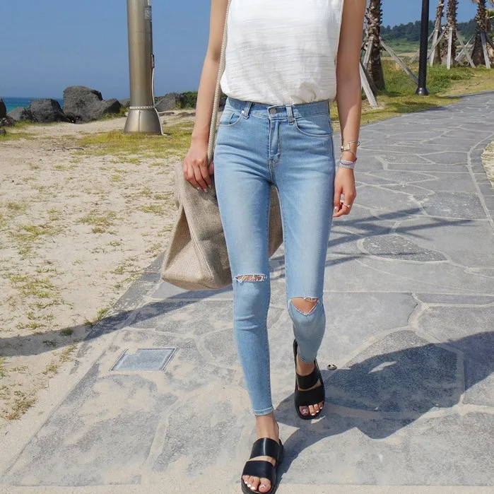 Occasion New Arrival Fashion Korean Style Waisted Slim Jeans Vintage hole Skinny Woman Cotton Denim Pencil Pants Plus Size |