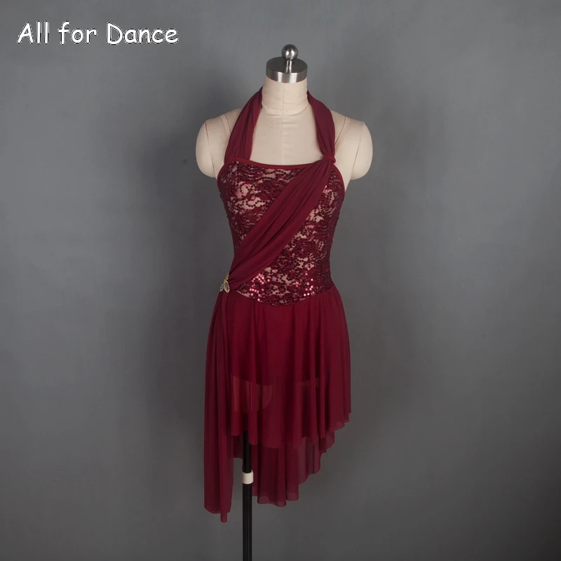 Бордовый балетный костюм женское лирическое танцевальное платье с воротником