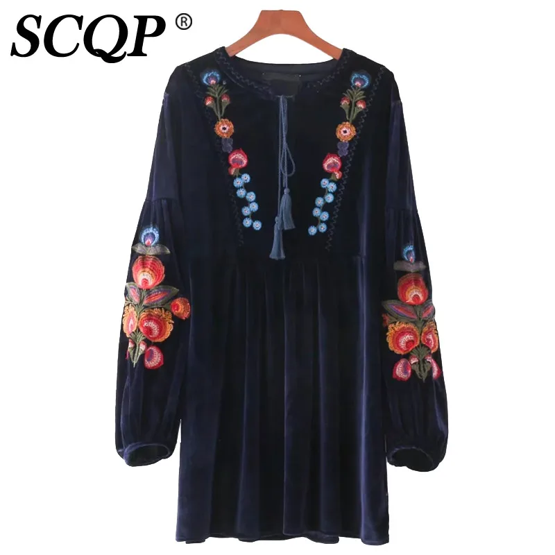SCQP свободные Цветочные Вышивка Для женщин Вельветовое платье длиной выше колена