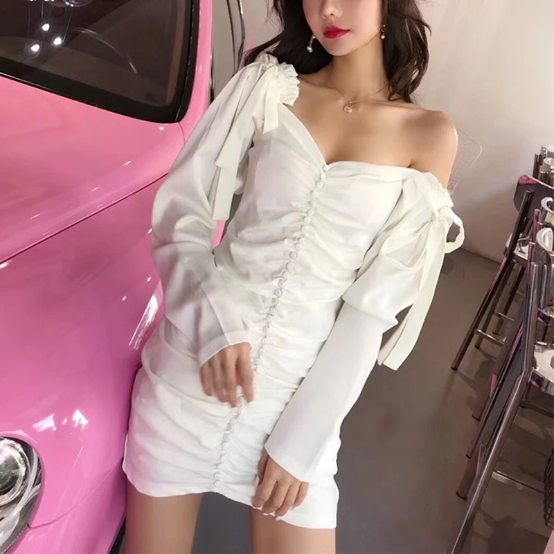 Летние Длинные рукава с открытыми плечами Кнопка ruched bodycon платье элегантные