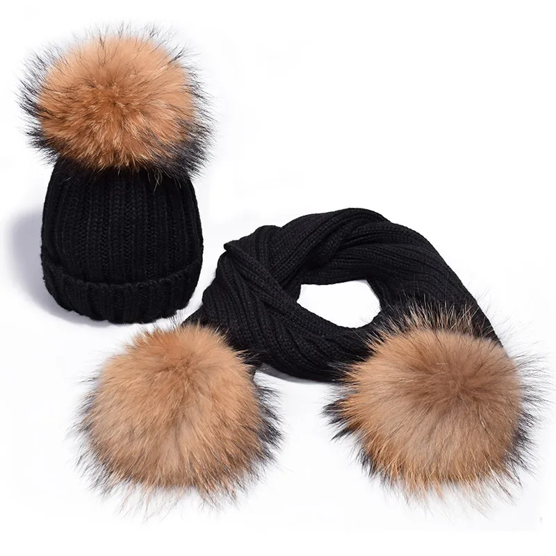 IOTTG шерсть зимние натуральный мех енота помпон шапки и шарфа для детей шапочка