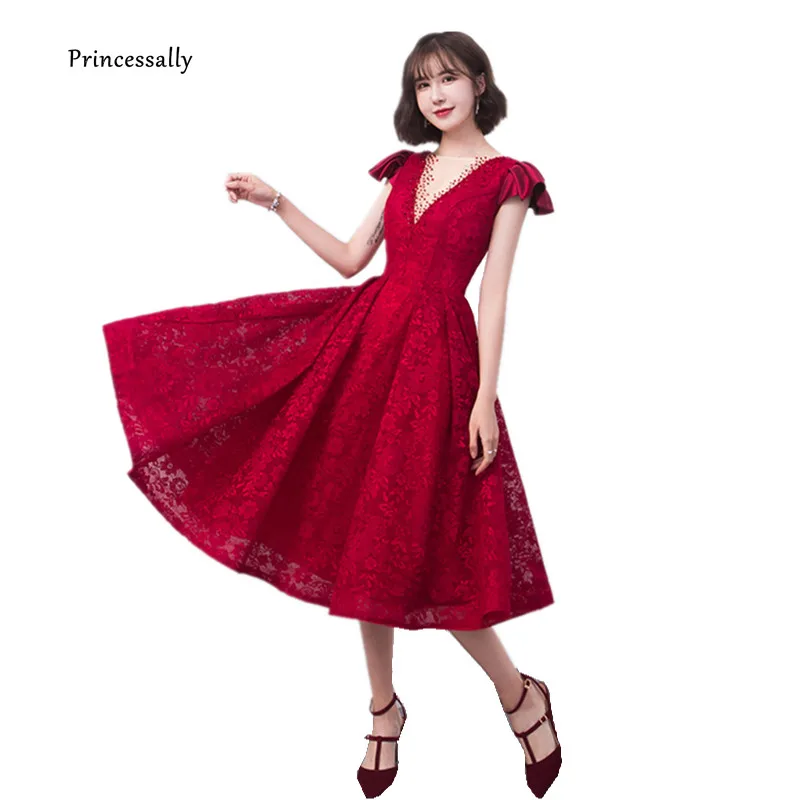 Новое кружевное вечернее платье винно красного цвета с оборками на рукавах