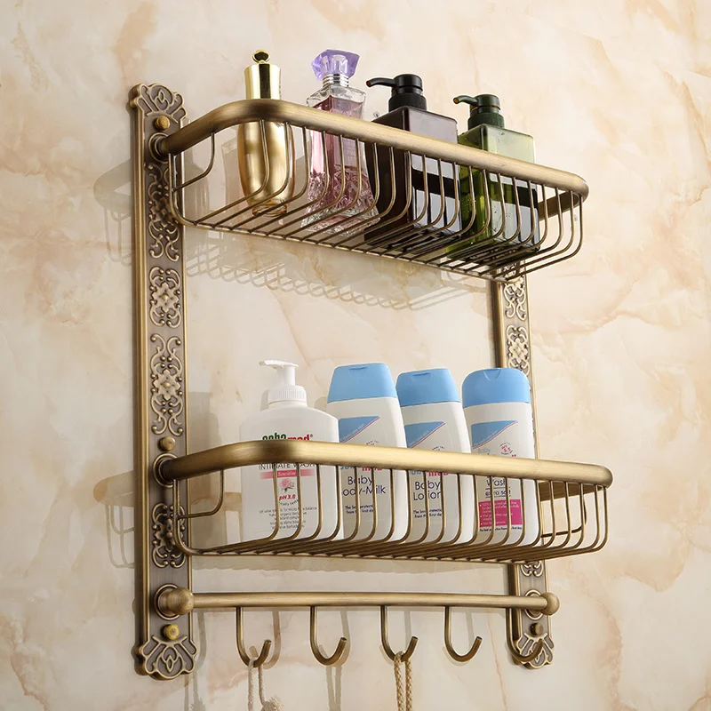 

New Arrival Wall Mounted Antique Brass Bathroom Shelf with towel rack and robe hooks Bath Shampoo shelf dual tiers Corner shelf