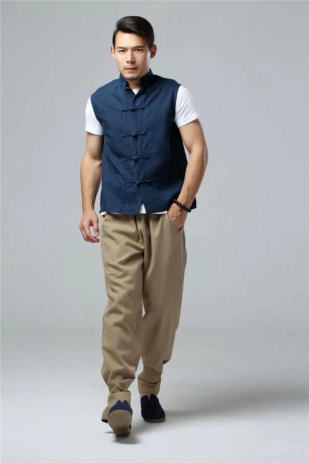 LZJN Men's Summer Waistcoat Chinese Style Vintage Breathable Linen Button Down Kung Fu Shirt Sleeveless Vest Jacket