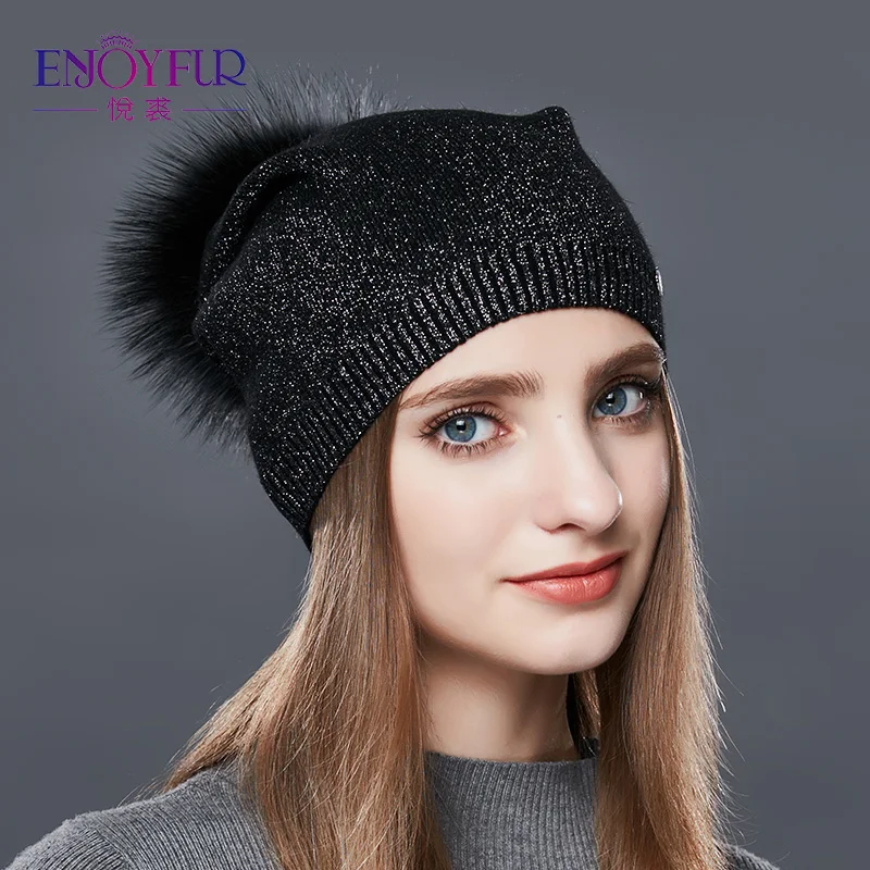 Enjoyfur из натурального меха енота Pom Hat женские шерстяные вязаные шапки зимние для