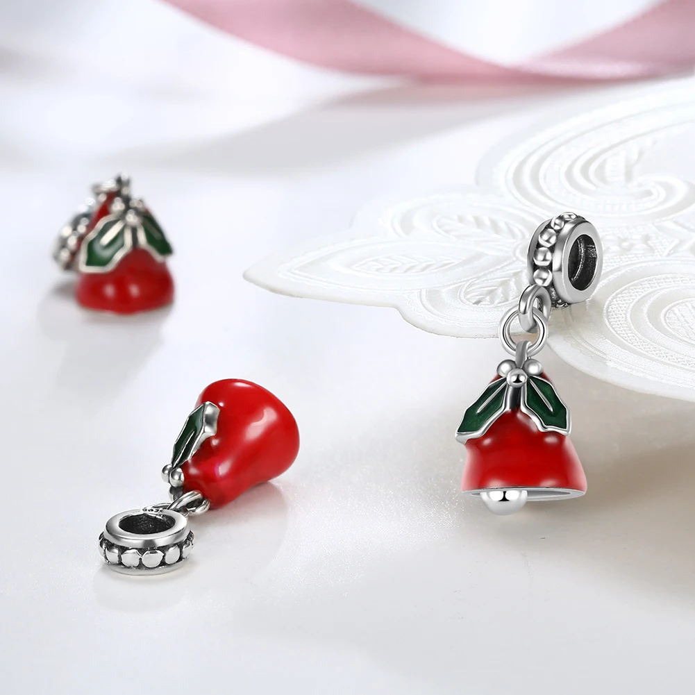 Чистый стерлингового серебра 925 пробы Рождество красной эмалью Bells мотаться