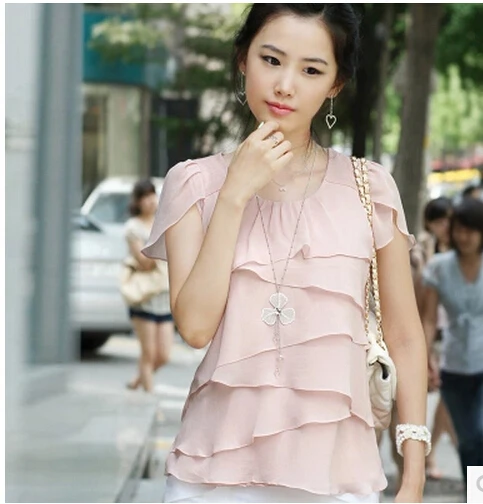 Женская шифоновая блузка с коротким рукавом оборками|blouses plus|shirt blousechiffon shirt blouse |