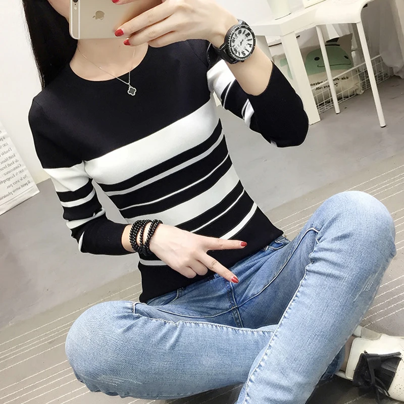 Jielur Korean Sweater Women Long Sleeve Slim White and Black Stripe Pullover Casual Spring Fashion Simple Basic Knitted Sweaters | Женская