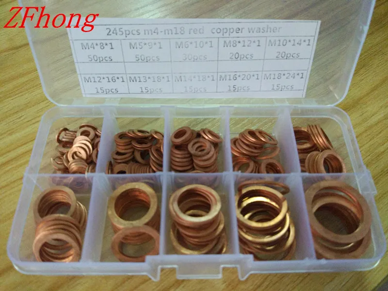245 шт M4 до M18 T2 красная Медная Шайба Ассортимент/комплект|copper washer assortment|copper washerwasher