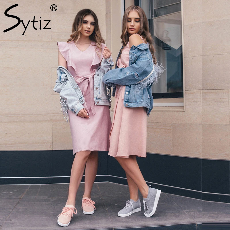 Sytiz розовый оборками бинты Летнее платье Для женщин 2018 новый без рукавов по