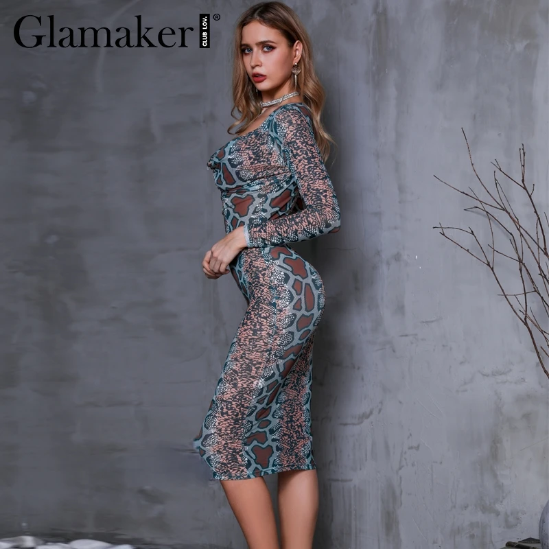 Glamaker змеиный принт глубокий v образный вырез сексуальное платье миди женские