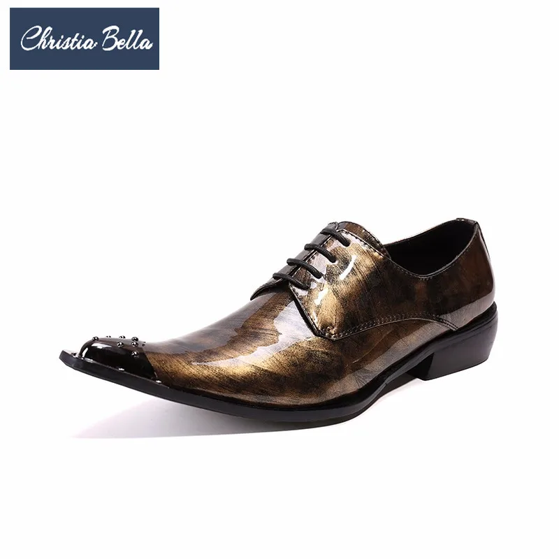 

Christia Bella New Italian Patent Leather Men Shoes Rivets Pointed Toe Men Oxford Shoes Wedding Business Brogue Shoes Lace Up