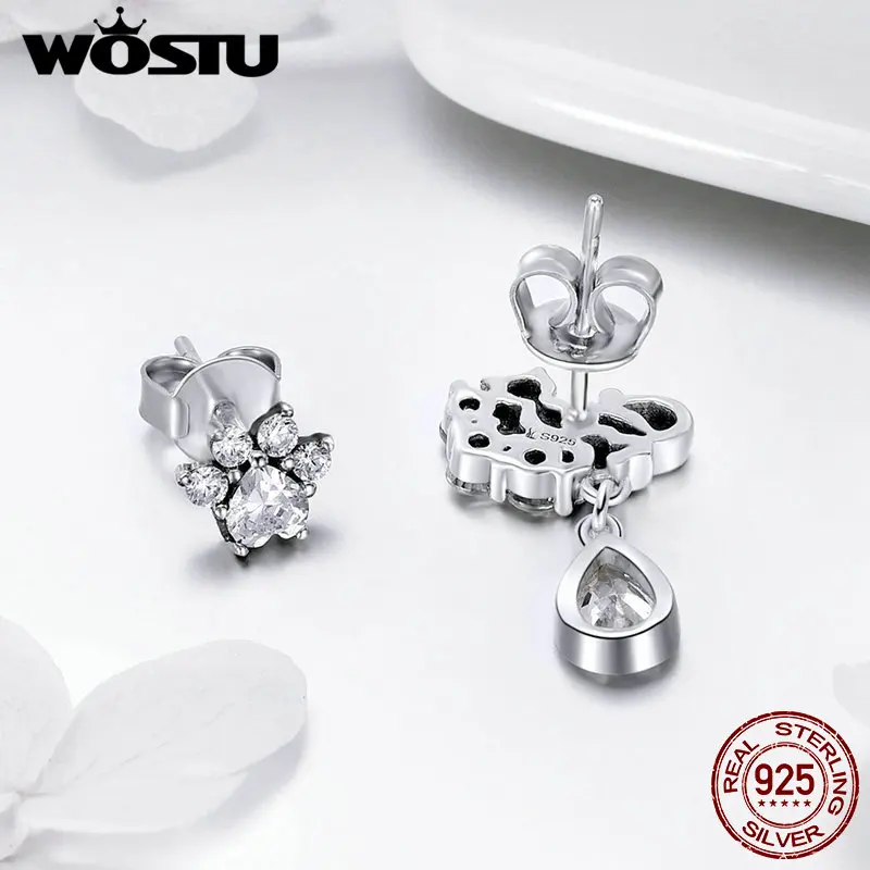 WOSTU, высокое качество, 925 пробы, серебро, милый кот, прозрачный кристалл, серьги-гвоздики для женщин, серебряные ювелирные изделия, подарок FIE424