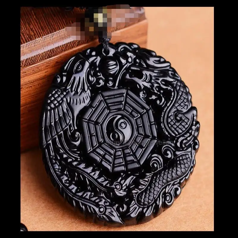 55 Чжао + Природные обсидиана резной дракон феникс повезло кулон Цепочки и