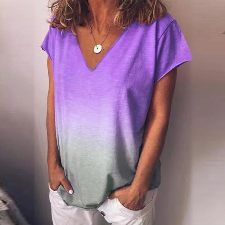 03 V-neck Purple Viensta, 29 цветов, модная, градиентная, цветная, с принтом, блузка, рубашка, для женщин, плюс размер, Круглый ворот, летние топы, новинка, короткий рукав, Boho Blusas, 5XL - Цвет: 03 V-neck Purple