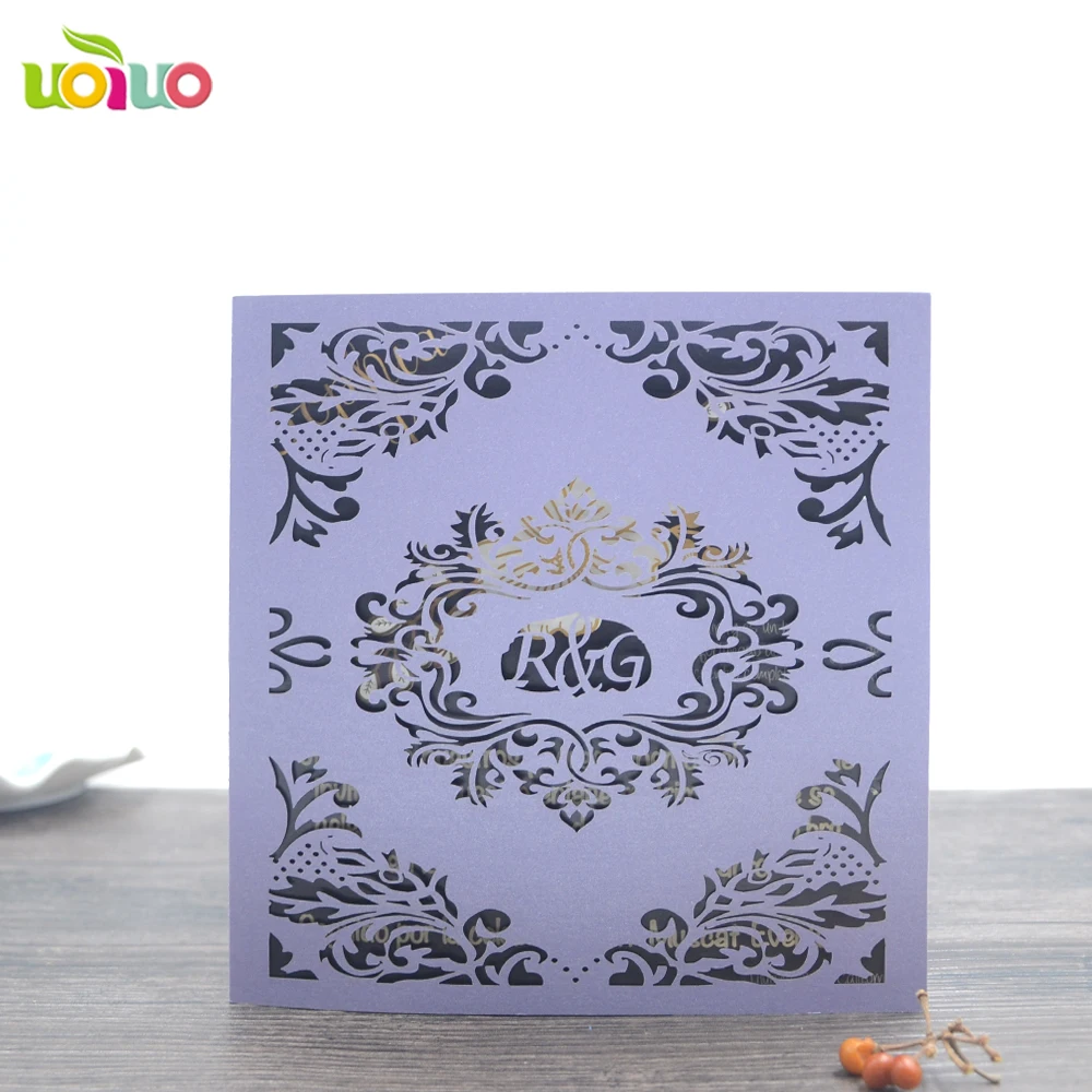 

50pc China Vintage Laser Cut Wedding Invitations purple flower Party Elegant Luxurious invitation Card Paper with free logo