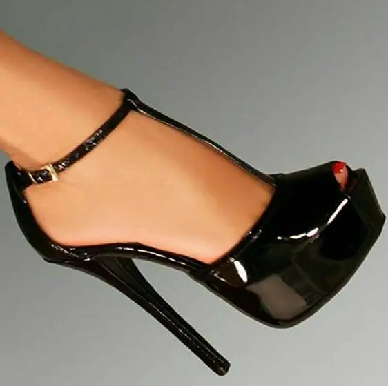

Customized Black Patent Leather T-strap High Heel Shoes Woman Cutouts Super High Dress Heels Peep Toe Platform Pumps Plus Size