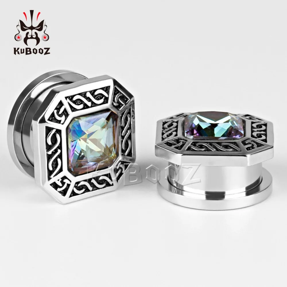 KUBOOZ, 2 шт., пирсинг для уха, туннель, нержавеющая сталь, квадратная пробка из циркония, модные ювелирные расширители для тела, измерительные приборы, серьги, подарок для женщин и мужчин