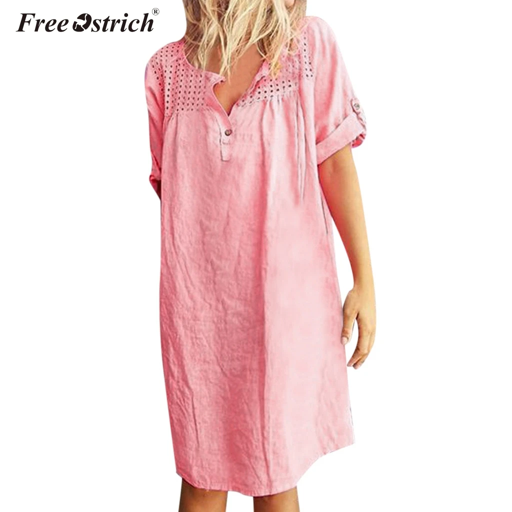 Женское платье с V образным вырезом коротким рукавом и пуговицами|Женские платья|