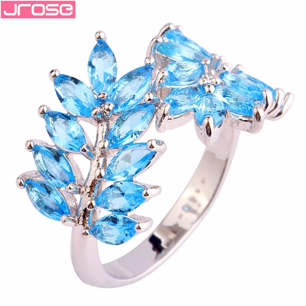 

JROSE Wholesale Splendide Marquise Cut Blue CZ Silver Color Ring Size 7 8 9 10 Leaves Fashion Women Men Jewelry