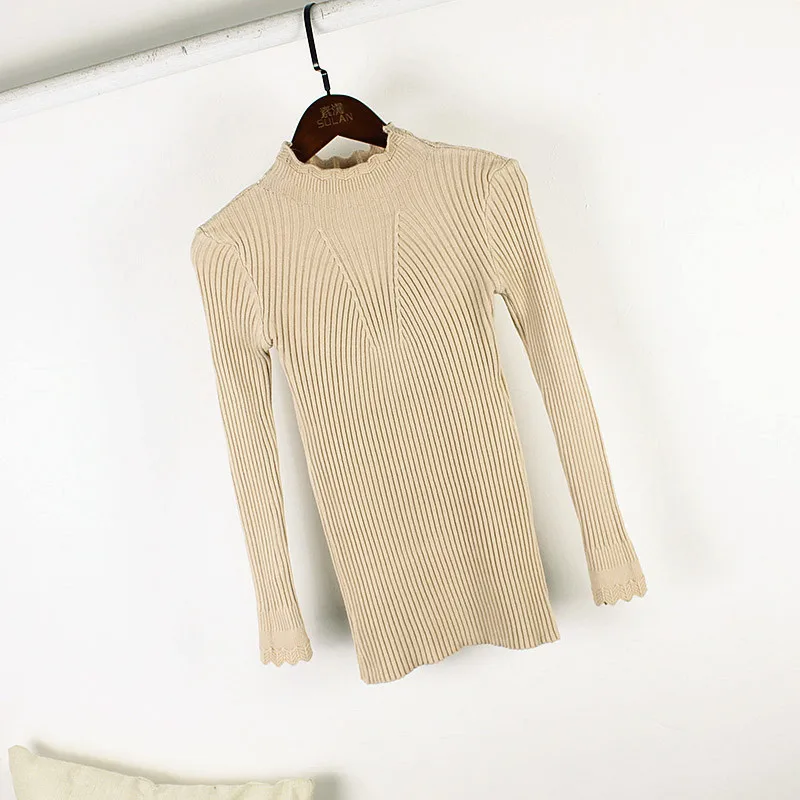 2021 Slim Knitted Sweater Woman Black White Khaki Ruffles Collar Jumpers Autumn Winter Tops | Женская одежда