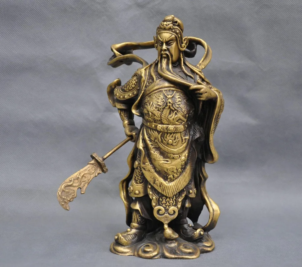 

10'' Elaborate Chinese Old Warrior Soldier Guan Gong Holding the Sword Brass God of wealth Statue