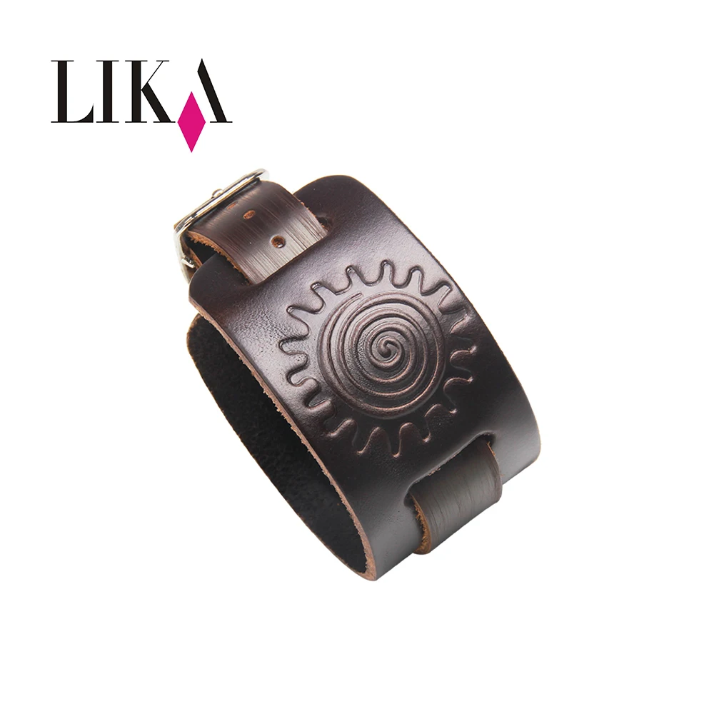 LIKA Punk Genuine Leather Bracelet Men Vintage Wide Cuff Bangles Adjustable Buckle Wristband Male Jewelry Black &amp Brown | Украшения и