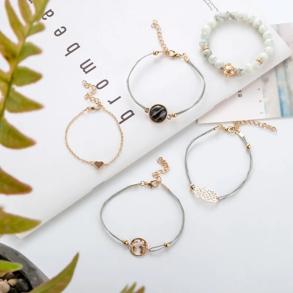 5 шт./компл. Boho черепаха ананас сердце карта мира Шарм Браслеты для женщин