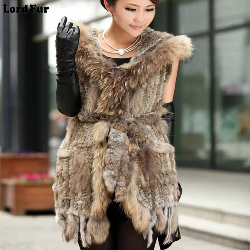 

(TopFurMall) 2017 Lady Fashion Genuine Knitted Rabbit Fur Vest Waistcoat Raccoon Fur Hoody and Tassels Women Real Fur Gilet