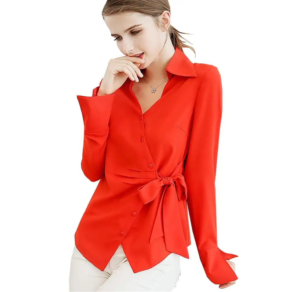 2019 весенне-осенняя однотонная Модная Повседневная шифоновая рубашка с длинными