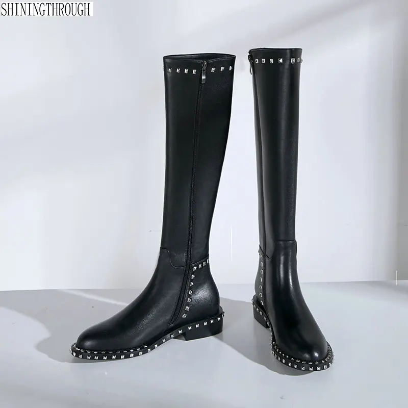 Женские сапоги до колена из натуральной кожи черные бедра на низком каблуке с