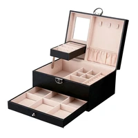 hot sell black color leather jewelry package storage box carrying cases large space for earring ring necklace bracelet organizer