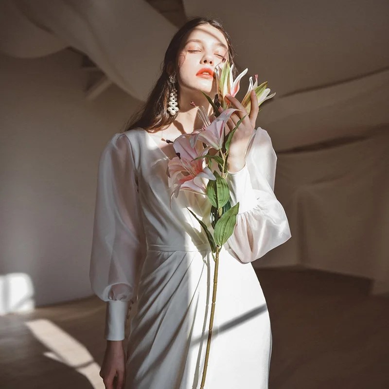 Винтажное атласное свадебное платье с v-образным вырезом длина до пола длинным