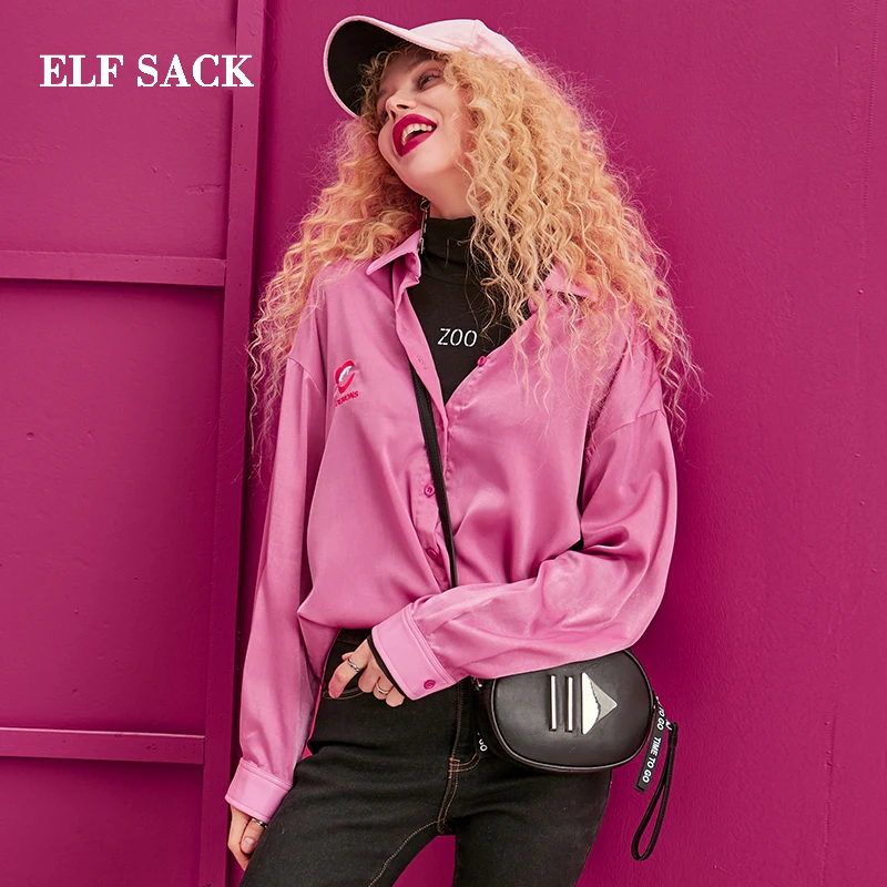 ELFSACK, зимняя новинка, хлопковая рубашка для женщин, отложной воротник, Повседневная блузка, женские рубашки, Полная свободная однотонная женская рубашка, женская блузка