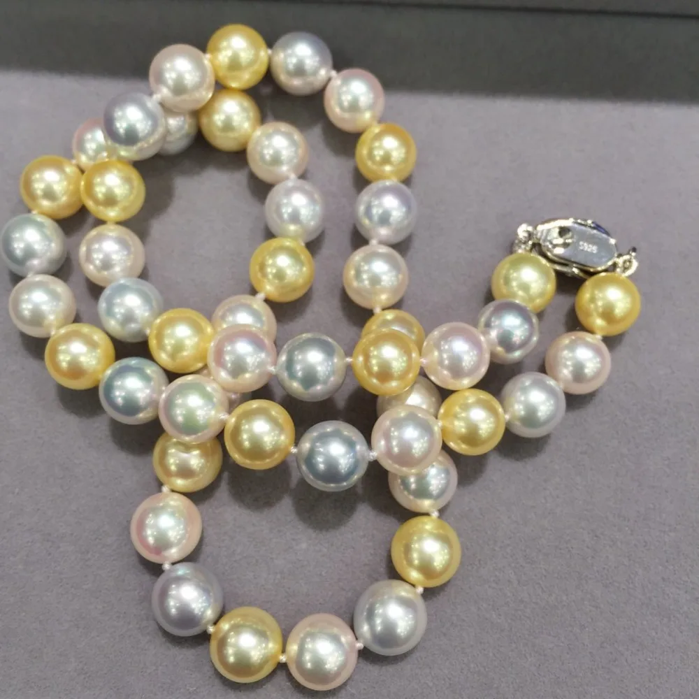 ?? 8〜8.5ミリメートルマルチカラー自然海水真珠チョーカーネックレスアコヤ真珠ネックレスホワイトグレーゴールド色混合パーフェクトラウンド