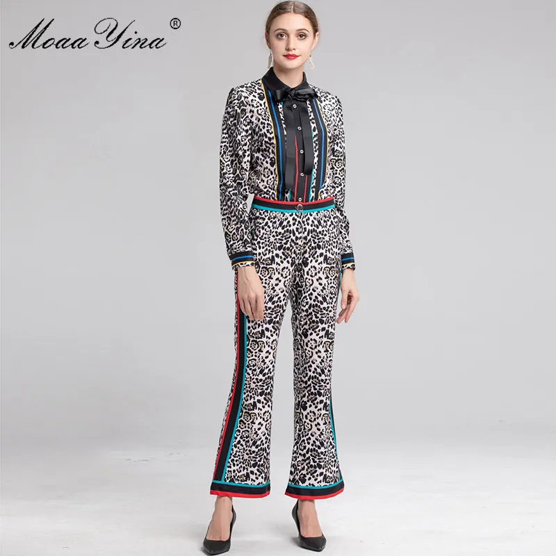 MoaaYina Fashion Designer Set Spring Autumn Women Long Sleeve Leopard Print Tops+Bell-bottomed pants Elegant Two-piece suit | Женская