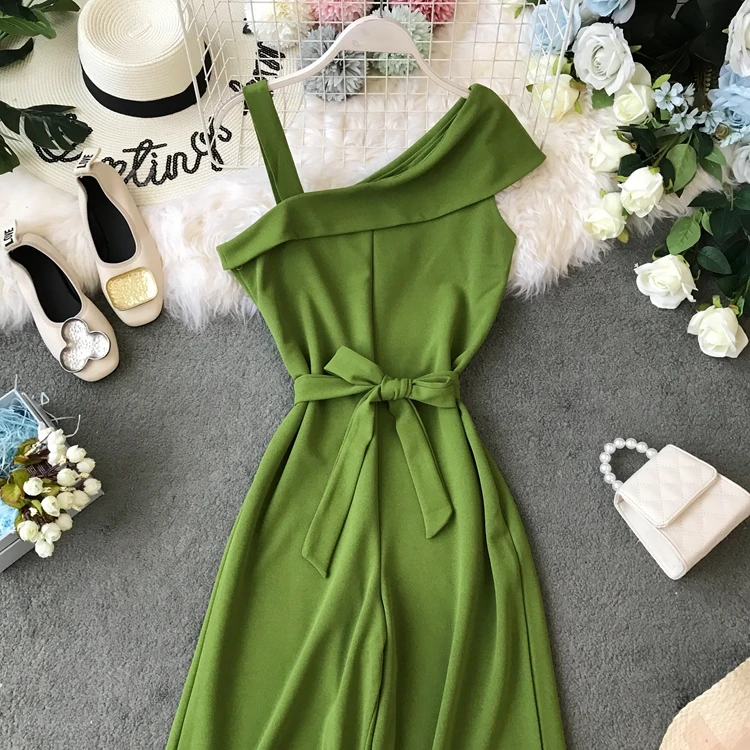 ALPHALMODA Женские однотонные Комбинезоны на одно плечо с высокой талией и поясом, женские летние модные повседневные Комбинезоны ярких цветов без рукавов