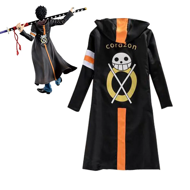 

Anime One Piece Cosplay Costume Trafalgar Law Cloak Men Adult Black Overcoat Japanese long Sleeve With Hat For Halloween