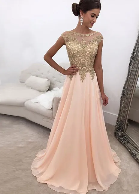 

Peach Muslim Evening Dresses A-line Cap Sleeves Chiffon Lace Beaded Islamic Dubai Saudi Arabic Long Evening Gown Prom