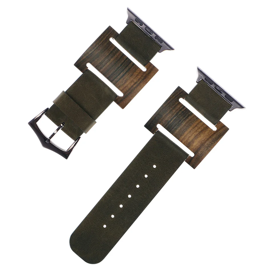 Brown FOHUAS, ремешок для часов из черного дерева, натуральная кожа, петля для apple watch, серия 3, 42 мм, Ретро ремешок, браслет, застежка, петля, черный, коричневый - Цвет ремешка: Brown