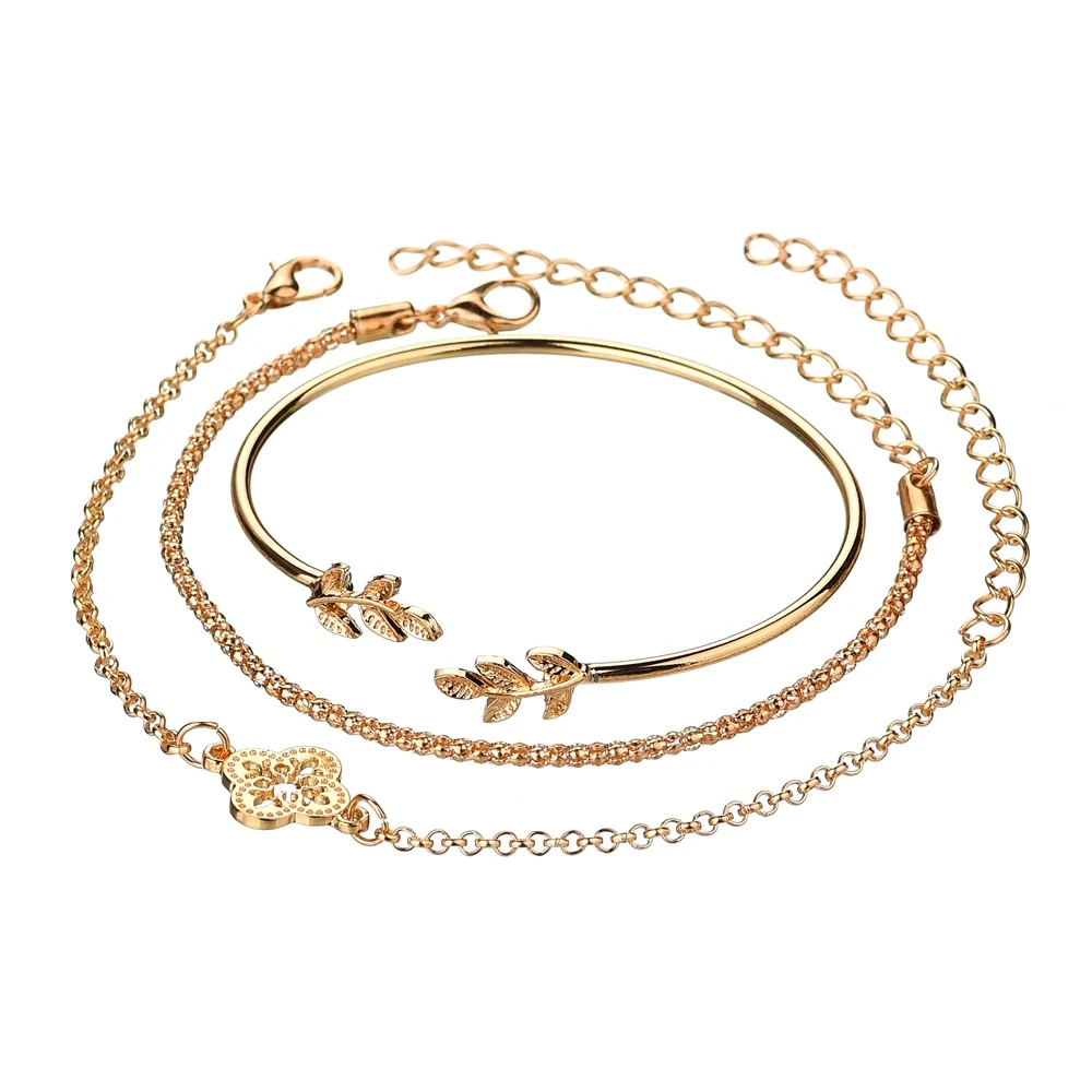 MissCyCy Винтажный браслет с шармами из золотистых листьев и цветов для женщин 3 шт/набор браслетов и браслетов-обручей аксессуары для вечеринок