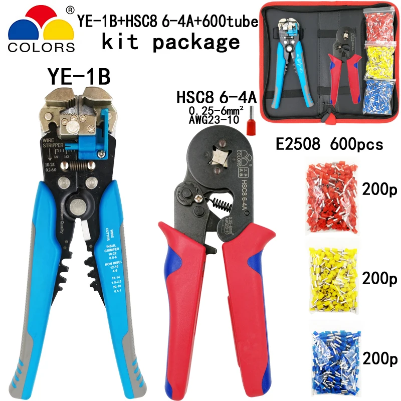 HSC8 6-4A Y1B 600P Набор обжимных инструментов HSC8 10 S/6-4/6-6 плоскогубцы синие плоскогубцы для зачистки резки 600 шт. E2508 трубчатый терминал костюм брендовый набор электрических инструментов - Цвет: HSC8 6-4A Y1B 600P