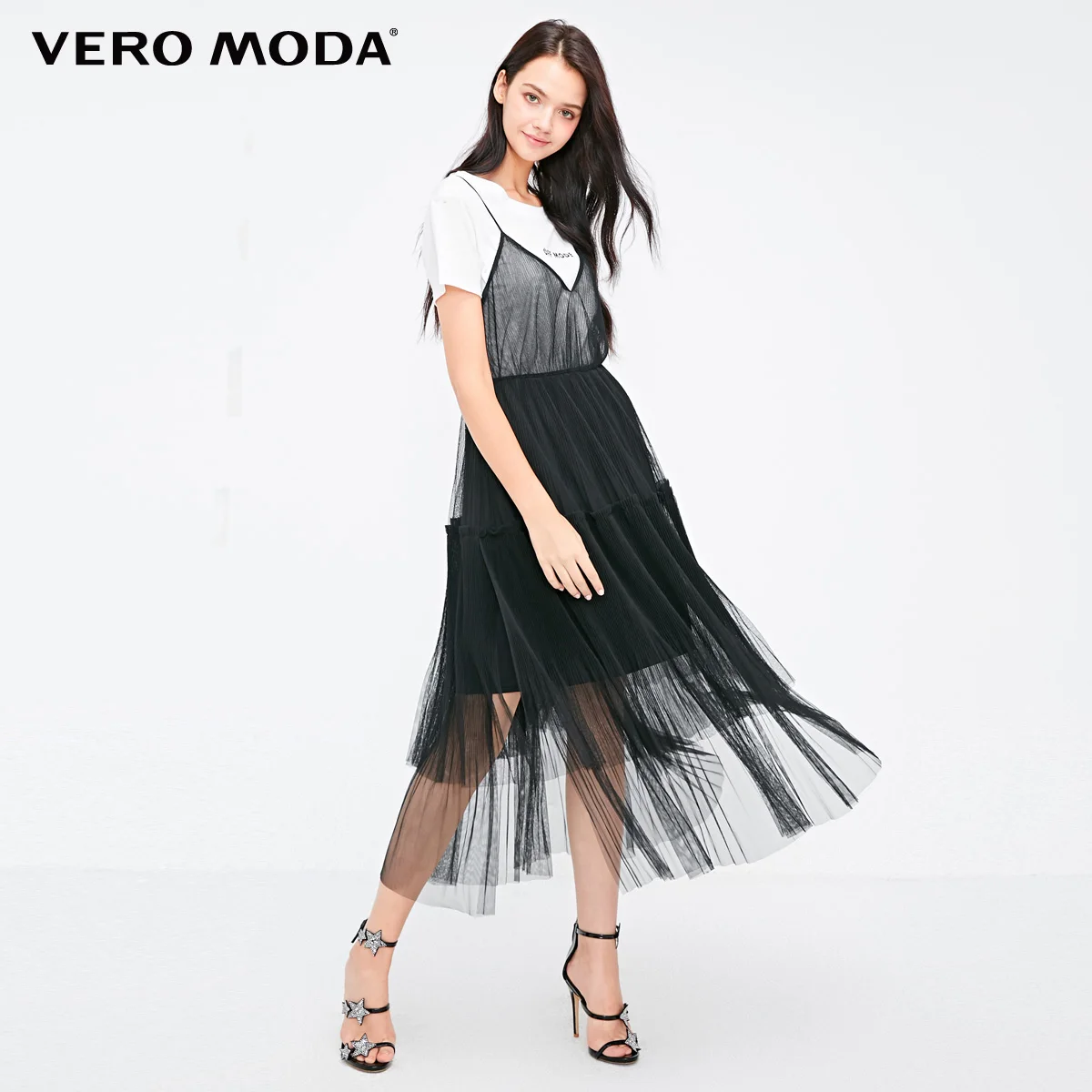 Vero Moda новые женские прозрачные Gauzy аккордеон костюм скольжения пляжное платье | 31837B517 - Color: Black