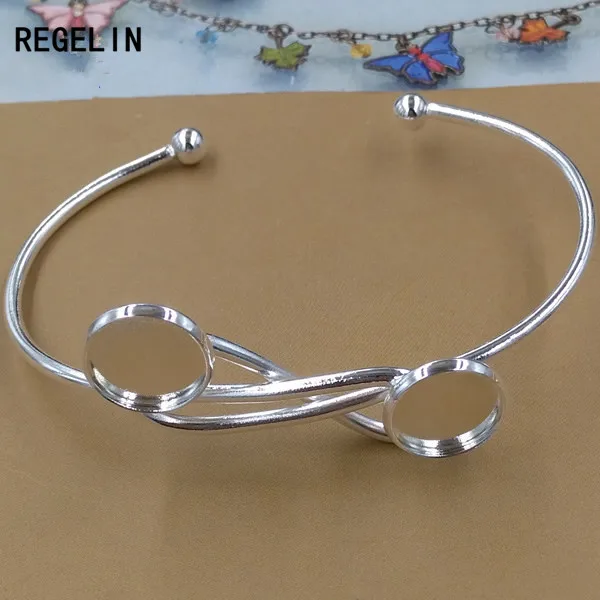 

REGELIN 12mm Silver Cabochon Open Cuff Bracelet Settings Double Round Blank Base Trays Bezel for Cameo for DIY Bracelet 1pcs