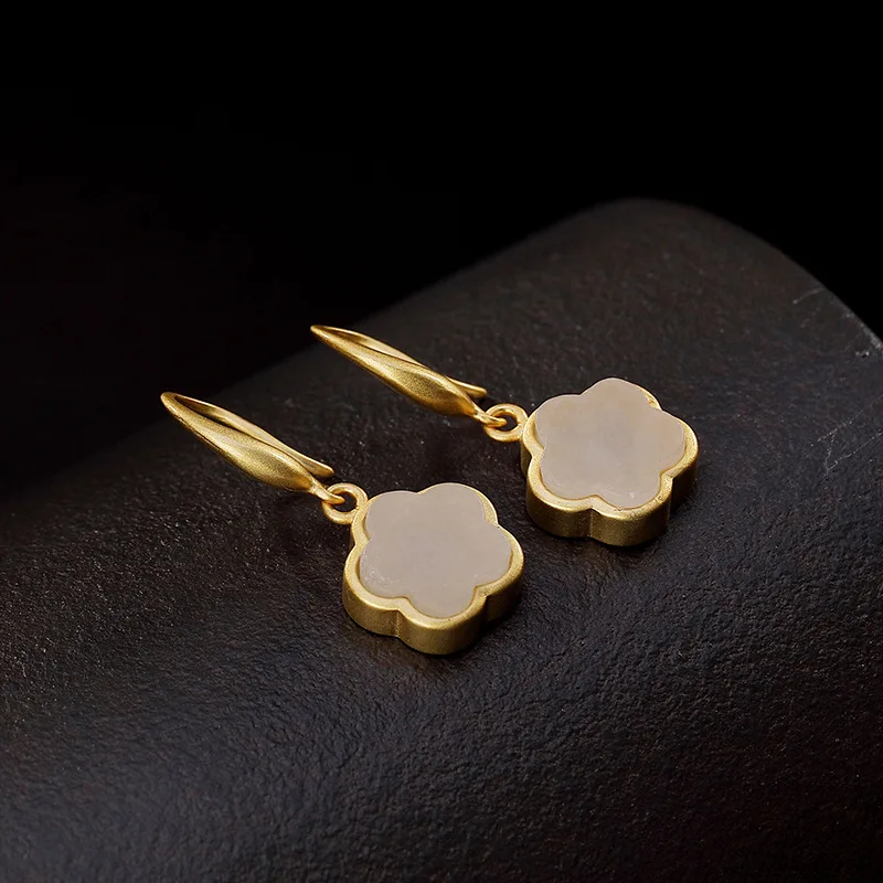 Женские серебряные серьги в стиле ретро с изображением сливы и нефрита